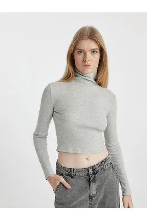 DeFacto Self Design High Neck Long Sleeves Crop T-shirt
