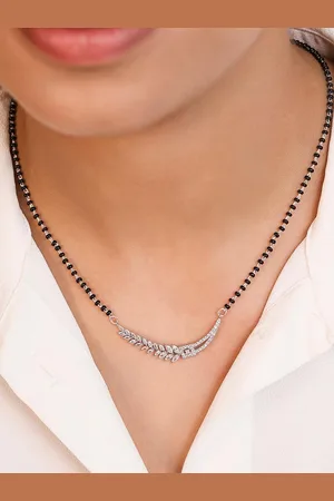 Zavya Women 925 Sterling Silver & Black Stone Studded & Beaded Rhodium Plated Mangalsutra
