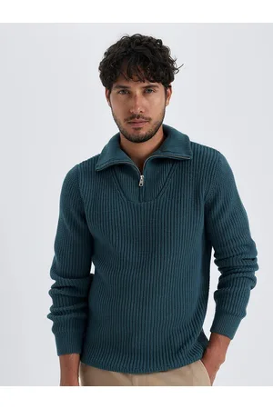 DeFacto Cable Knit Self Design Shirt Collar Half Zipper Acrylic Pullover Sweater