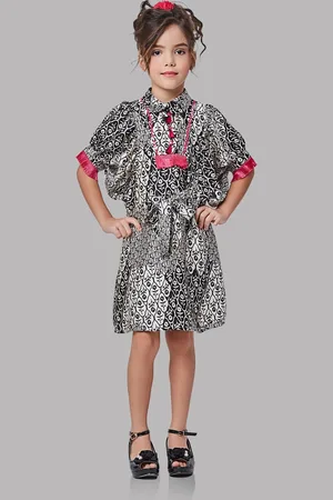 Peppermint Girls Floral Printed Cuffed Sleeves Cotton Satin Fringed A-Line Dress