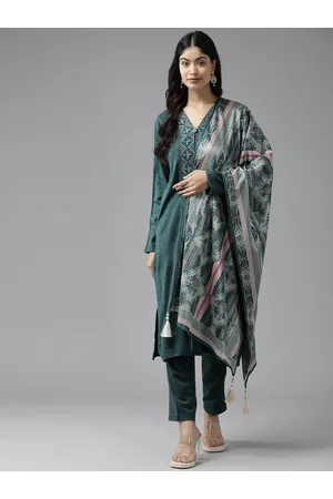 Cayman Women Green Yoke Design Regular Pure Wool Kurta with Trousers & With Dupatta