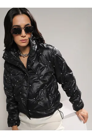 Campus Black Embellished Windcheater Puffer Jacket