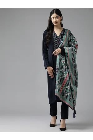Cayman Women Navy Blue Embroidered Regular Pure Wool Kurta with Trousers & With Dupatta
