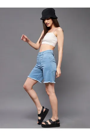 Miss Chase Women Blue Mid-Rise Frayed Denim Shorts