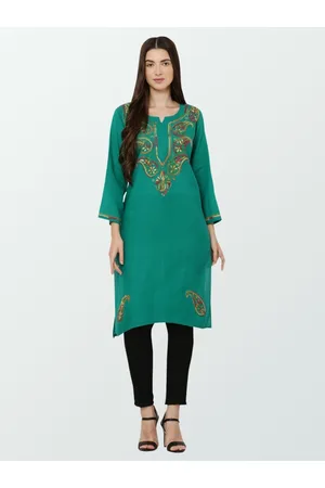 FAWOMENT Women Green Paisley Embroidered Flared Sleeves Patchwork Pathani Kurta