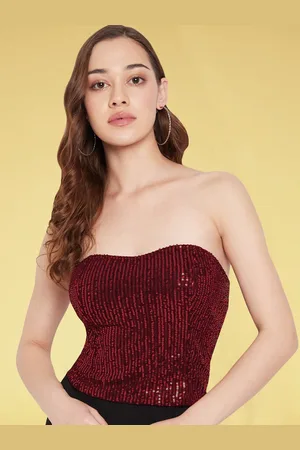 Martini Embellished Sequined Strapless Net Crop Styled Back Top