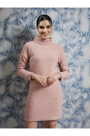 ATHENA Pink Self Design Turtle Neck Long Sleeves A-Line Dress