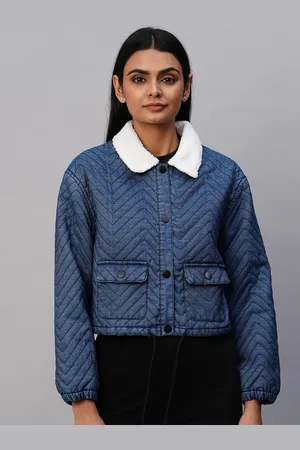 Chemistry Denim Chevron Self Design Spread Collar Faux Fur Trim Tailored Jacket