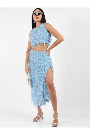 Campus Blue Self-Design Crop Top With Maxi Skirt