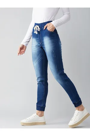 DOLCE CRUDO Women Navy Blue Jogger Mildly Distressed Heavy Fade Stretchable Jeans