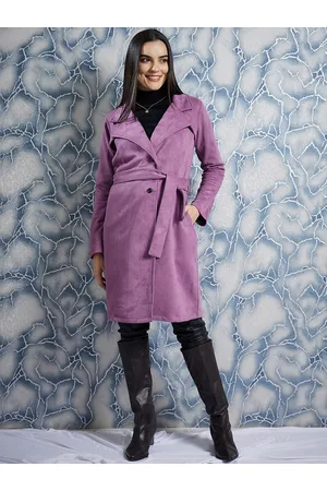 ATHENA Notched Lapel Collar Single Breasted Suede Overcoat With Belt