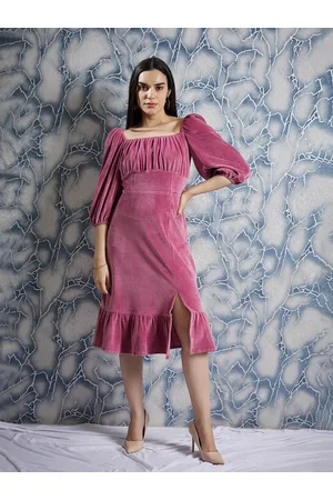 ATHENA Pink Square Neck Puff Sleeves Gathered Detailed Midi Sheath Dress