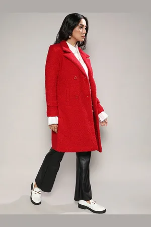 Campus Red Self Design Notched Lapel Collar Woollen Longline Trench Coat