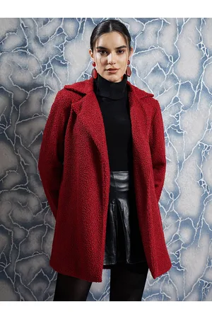 ATHENA Maroon Woollen Textured Front-Open Overcoat