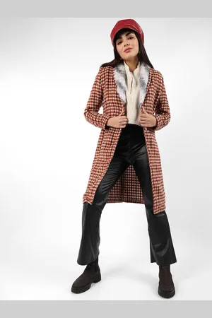 Campus Brown Checked Single-Breasted Faux Fur Trim Shawl Collar Longline Overcoat