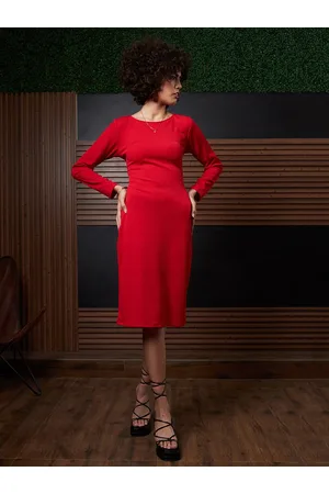 ATHENA Red Round Neck Long Sleeves Tie-Ups Sheath Dress
