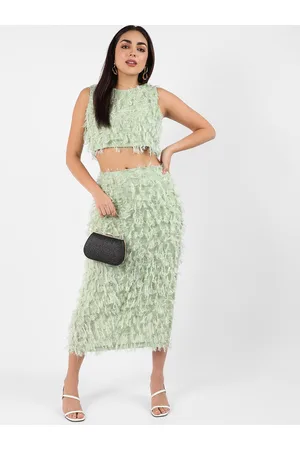 Campus Sea Green Self-Design Crop Top With Midi Skirt