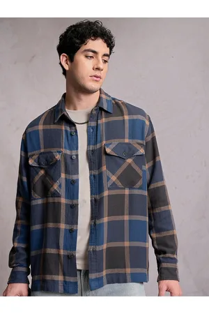 LocoMotive Men Blue Dobby Textured Checked Utility Pocket Overshirt