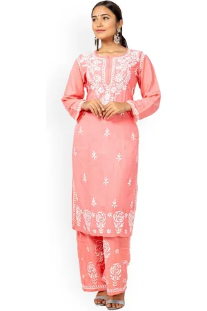 FAWOMENT Floral Embroidered Chikankari Kurta With Palazzos