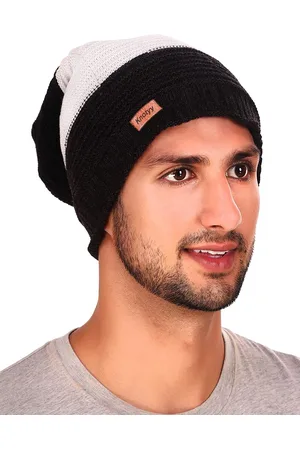 Knotyy Men Black & White Self Design Beanie