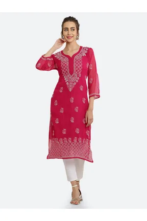 FAWOMENT Women Pink Embroidered Georgette Kurta