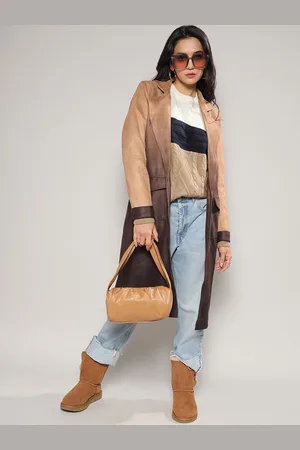 Campus Brown Ombre Notched Lapel Collar Suede Longline Overcoat