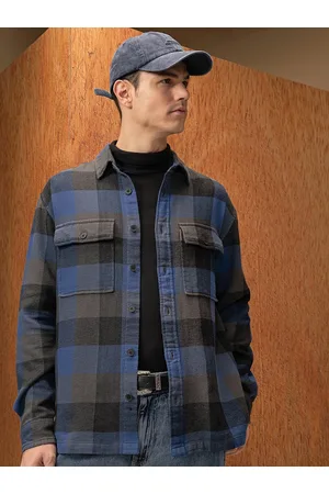 LocoMotive Premium Men Blue Waffle Dobby Textured Checked Utility Pocket Overshirt