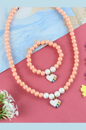 asthetika Girls Heart Charm & Beaded Necklace & Bracelet