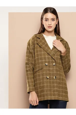 Chemistry Checked Notched Lapel Drop-Shoulder Sleeves Double-Breasted Over Coat