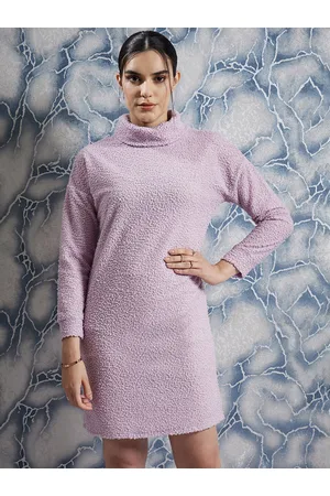 ATHENA Lavender Self Design Turtle Neck Long Sleeves A-Line Dress