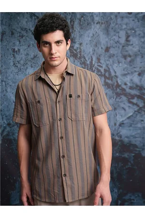 LocoMotive Men Brown Mock Lino Dobby Textured Striped Utility Pocket Regular Shirt