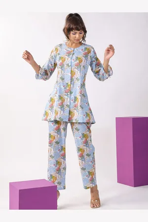 JISORA Blue Floral Printed Three-Quarter Sleeve A-Line Pure Cotton Kurti With Trouser