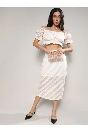Campus White Self-Design Crop Top With Midi Skirt