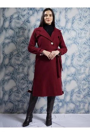 ATHENA Maroon Notched Lapel Collar Woollen Single Breasted Trench Coat
