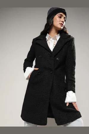 Campus Black Double-Breasted Notched Lapel Long Sleeves Woollen Longline Overcoat