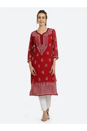 FAWOMENT Women Maroon Ethnic Motifs Dyed Thread Work Georgette Handloom Georgette Kurta
