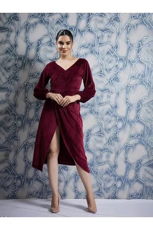 ATHENA Maroon V-Neck Long Sleeves Gathered Wrap Midi Dress