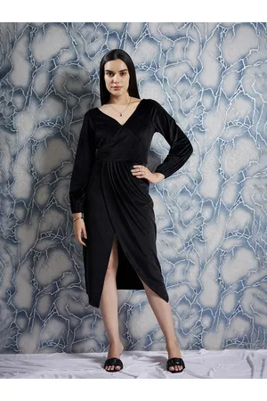 ATHENA Black V-Neck Long Sleeves Gathered Wrap Midi Dress