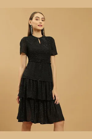 BEATNIK Self Design Keyhole Neck A-Line Dress