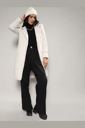Campus White Self Design Notched Lapel Collar Longline Trench Coat