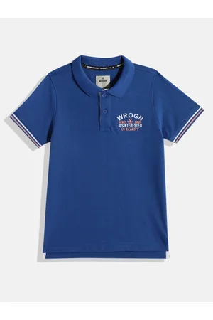 WROGN Boys Solid Polo Collar Indigo Pure Cotton T-shirt With Brand Logo Embroidery