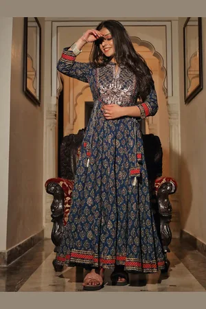 Divena World Women Plus Size Navy Blue & Brown Ethnic Printed Anarkali Pure Cotton Kurta