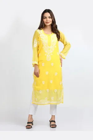 FAWOMENT Women Yellow Ethnic Motifs Embroidered Chikankari Georgette Kurta