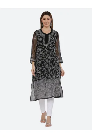FAWOMENT Women Black Floral Chikankari Embroidered Georgette Kurta