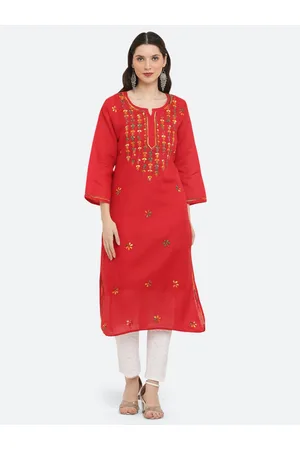 FAWOMENT Women Red Ethnic Motifs Embroidered Chikankari Cotton Kurta