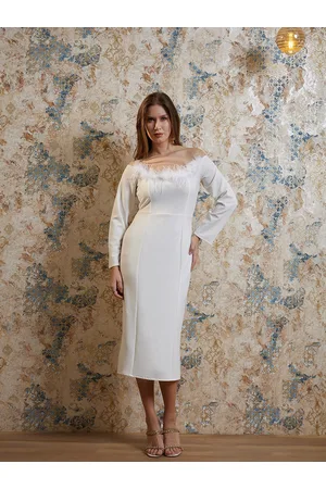 ATHENA Off-Shoulder Embellished Sheath Midi Dress