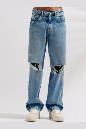 FREAKINS Men Slash Knee Straight Fit High-Rise Heavy Fade Pure Cotton Jeans