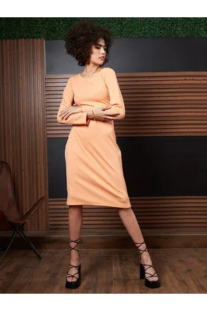 ATHENA Peach-Coloured Round Neck Long Sleeves Tie-Ups Sheath Dress