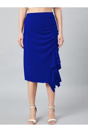 ATHENA Blue A-Line Midi Skirt With Front Frill Detail