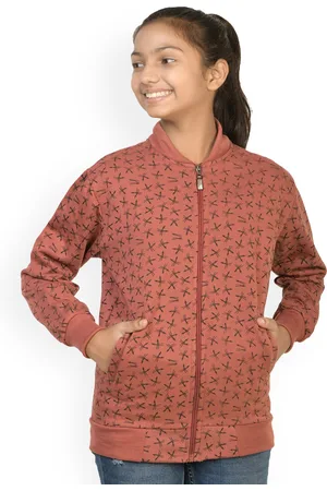 BAESD Girls Geometric Printed Fleece Lightweight Bomber Jacket